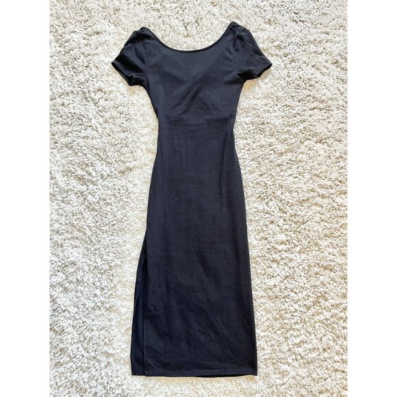 Antistar Soft Stretch Ribbed Black Midi Dress With Back Cutout & Short Sleeves N - Picture 1 of 5